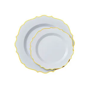 Disposable Eco-Friendly Gold Rim Wavy Edge Plastic Dinner Plate Set PS Material Modern For Party Wedding Picnic