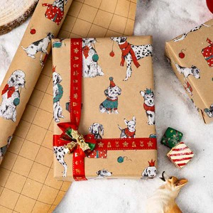 Christmas Dogs Kraft Gift Wrapping Paper With Red Ribbon And Holiday Design For Festive Packaging