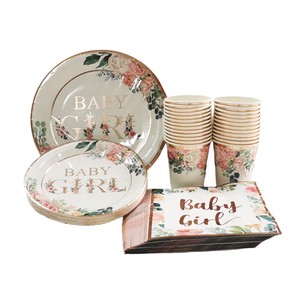 Rose Gold Floral Baby Shower Party Tableware Set 24 Eco-friendly Plates Napkins Cups Knives Forks Table Decorations