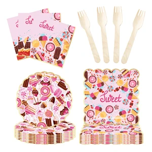 DAMAI Customized Happy Birthday Candy Theme Paper Dinnerware Set Decoration for Kid Girl Birthday Party Supplier