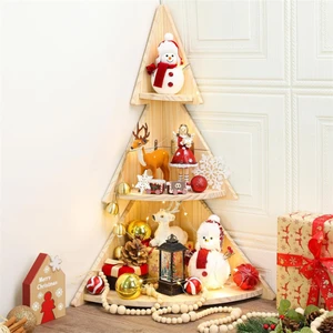 Wooden Christmas Village 3-Tier Tree Display Stand with Multifunctional Shelf Organizer for Home Storage & Holiday Decor