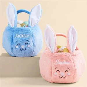 Wholesale Custom Name Embroidery Rabbit Bucket Personalized Plush Easter Bunny Basket for Egg Hunt Kids Gift Storage
