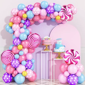 Nice 99Pcs Candy Party Decorations Set - Candy Backdrop Lollipop Balloon Cupcake Topper Party Latex Balloon Garland Arch