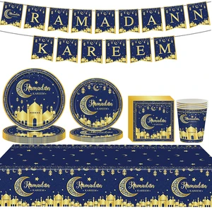 Blue Gold Ramadan Mubarak Disposable Tableware Ramadan Decoration Mubarak Ramadan Kareem Muslim Islamic Party Supplies