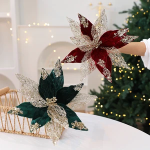 Wholesale Factory Selling Big Christmas Flower Ornaments Flannel and Shiny Stone Xmas Red and Green Popular Christmas Flowers