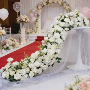 Wedding Decorations Silk Modern White Roses Row Artificial Flower 200cm Long Table Scene Layout for Birthday Banquet Hall