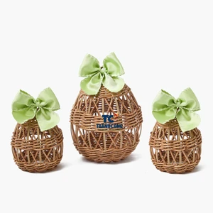 Best Design Rattan Egg Decoration for Easter Holiday Rattan Woven Egg with Green Saddlestitch Bows