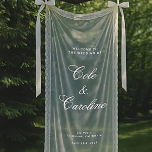 Custom Personalized Lace Sheer Fabric Wedding Welcome Banner with Printed Names for Ceremony Backdrop Party Decor