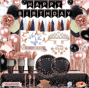Rose Gold Metal Birthday Party Banner Tassel Curtain Confetti Balloons Tableware Set Cake Toppers Tablecloth Tiara Sash Supplies