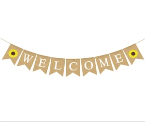 13*18cm 8 Feet Long Jute Burlap Welcome Banner with Sunflower for Wedding