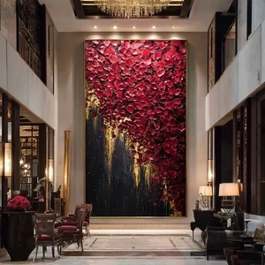 Modern Large Scale Crimson Petals Abstract Oil Painting Gold Foil Streaks Luxury 3D Textured Wall Art Painting