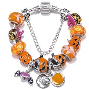 Fen Di Jewelry Wholesale Creative Halloween Chain Splice Orange Woven Rope Braided Ghost Bat Charm Bracelet for Friendship Gift