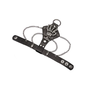 Punk Skull Skeleton Hand Bracelet, Men's Leather Finger Ring Chain Cuff, Gothic Biker Jewelry