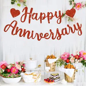 Red Happy Anniversary Banner Pre-Strung Red Glitter Happy Anniversary Banner Happy Anniversary Sign for Wedding Party Decoration