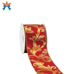 Christmas Red Satin With Gold Swirl Wired Ribbon Roll