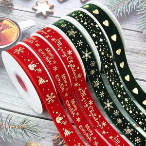 Wholesale 2.5cm Christmas Velvet Ribbon Gold Foil Print Big Beautiful Christmas Ribbons for Christmas Trees