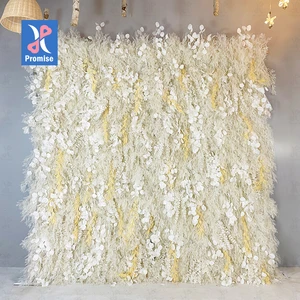 Promise Wholesale Silk Pampas Wall Rolling up Flower Wall with Plastic Components Customizable Size for Wedding Party Decoration