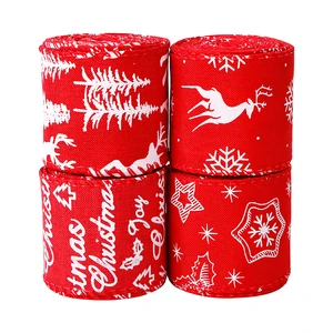 Single Face Christmas Decoration Logo Printed Burlap Ribbons Woven Polyester Silk Wire Ribbon For Wreaths