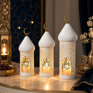 Custom Premium Islamic Ramadan Lanterns Wholesale White Metal LED Fanoos Set For Islamic Eid Table Decoration