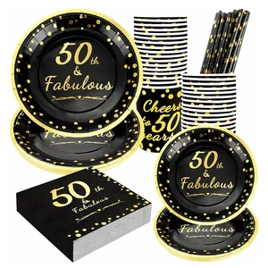 Nicro 60pcs Custom Black Dot 50th Fabulous Birthday Paper Plates Cup Disposable Napkins Cups Party Tableware Table Decorations