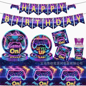 Neon Game Party Theme Design Paper Plates Paper Cup Napkins Tablecloth Disposable Party Supplies Set for Children Birthday