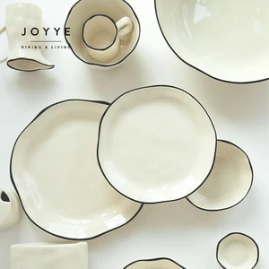 Joyye White Ceramic Plate Bone China Black Rim Dinner Table Set Party Daily Ceramic Plates