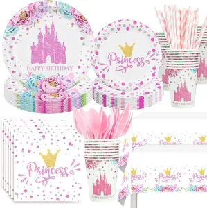 194-Piece Princess Birthday Party Decorations Set Serves 24 for Birthday Party Napkins Cups Tablecloth Cutlery Banner and Hats