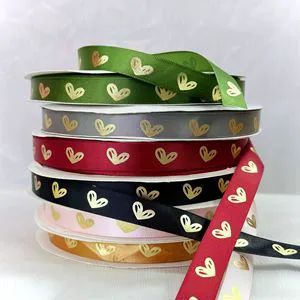 1.6cm Gold Foil Heart Satin Ribbon DIY Polyester Handmade Bow for Valentine's Day & Christmas Gift & Baking Flower Packaging