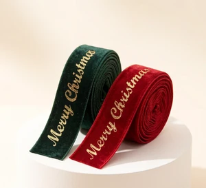Christmas Velvet Ribbon Gold Foil Merry Christmas Printed Ribbon Xmas Gift Wrapping Bow Decor Tree Ornament Party Decorations