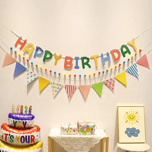 Happy Birthday Modern KT Board Decorative Pom-Pom Ornament Banner Set Photo Props Hanging Decorations for Kids' First Parties