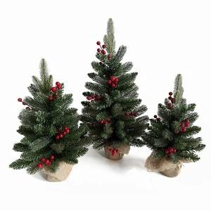 Mini Christmas Tree with Red Berries PE&PVC Mixed Standing on Woven Cloth Base with LED Lighting Accessories