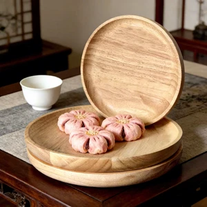 Wholesale Classic Natural Rubber Wood Party Tableware Tray Multi-functional Eco-Friendly Durable Food Display Plate Creative