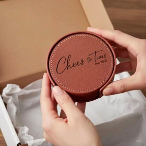 Custom Print Logo Pu Leather Drink Coasters Wedding Laserable Leather Drink Coaster With Holder Set