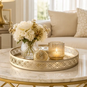 Wholesale Gold Round Metal Decorative Tray Hollow Cutout Candle Vanity Tray For Ramadan Eid Home Decor