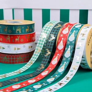 New 25mm Wide Christmas Gift Ribbon with Thermosetting Hot Stamping Santa Claus Elk Pine Tree Pattern Ribbon