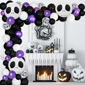 Purple Black White Halloween Skull Pumpkin Balloon Arch Kit Metallic Latex Spooky Balloon Garland Kit Party Decorations