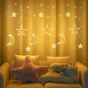 Stars and Moon Curtain Garland String Lights for Ramadan EID Decoration Islam Muslim Party Supplies Gifts