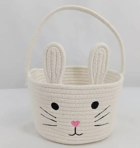 Cute Bunny Ear Cotton Rope Storage Basket With Handle, Blue And White Woven Portable Basket For Easter, Kids Toys