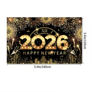 2026 2027 New Year's Eve Party Banner Polyester Black Gold Background Happy New Year Wedding Decoration