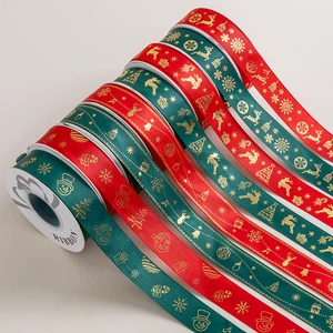 Wholesale Red-green Packaging Christmas Party Christmas Tree Decoration Printed Polyester Silk With Gold Christmas Gift Ribbon