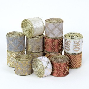 Factory Direct Sale Christmas Burlap Ribbon Golden Christmas Wreath Ribbon Plaid Christmas Ribbon Bows