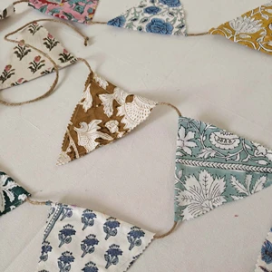 Handmade Colorful Recycled Banner Wall Decor Block Printed Fabric Bunting Flags Back School Graduation Weddings Baby Showers