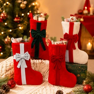 Factory Direct Children's Personality Christmas Stockings with Bow Woven Cloth Soft for Christmas Decorations