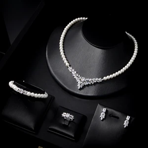 017068 Handmade Pearls CZ Necklace Design Set Wedding Elegant Cubic Zircon Jewelry Full Sets Dubai Gold Plated Wholesale