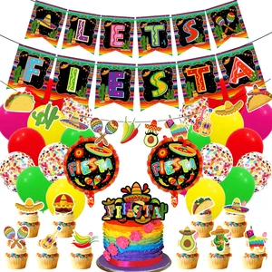 Nicro Eco-friendly Disposable Bright Color Mexican Fiesta Theme Party Birthday Baby Shower Banner Balloons Cake Decoration Set