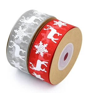 2.5cm Christmas Deer Snowflake Decoration Ribbon , Custom logo Transparent Sheer Printed Organza Happy Birthday Ribbon