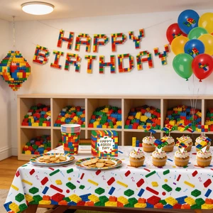 640433 209pcs Building Block Theme Birthday Party Set - Complete Decoration & Dinnerware Kit Suitable for All Party Decorations