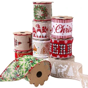Christmas Ribbon Imitation Linen Wire-Edged Printed Butterfly Bow Ribbon for Christmas Tree Decoration DIY Gift Hair Accessory