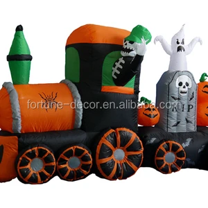 210cm/7ft Inflatable Air Blown Train Halloween Decoration with Built-in Fan Internal Lights Polyester Material for Adult Parties