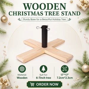 UMIND UM610 Raw Solid Pine Four-Arm Cross Christmas Tree Stand Natural Wood Desktop Small Metal Fixing Pole